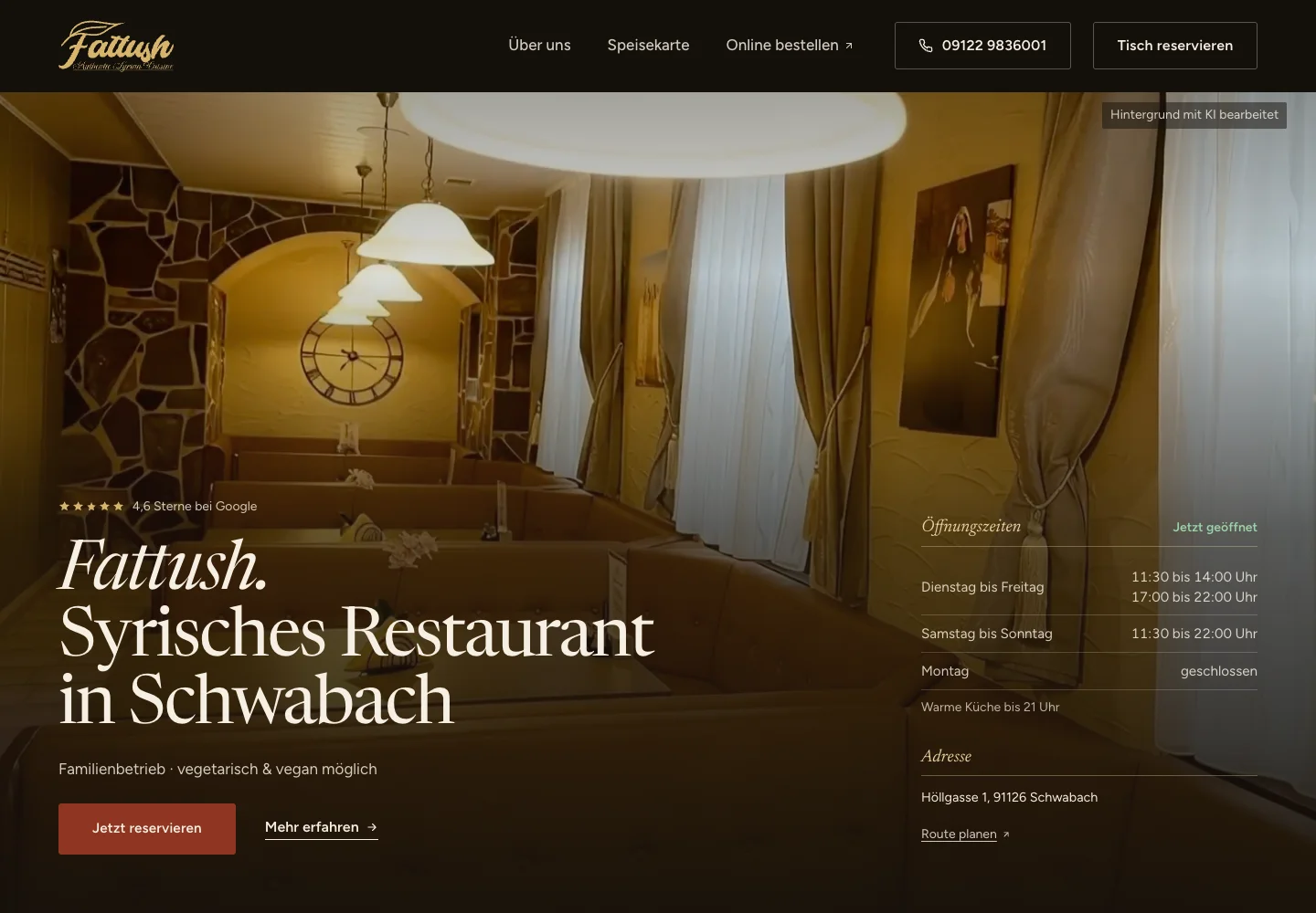 Echte Vorschau der Fattush-Website mit Restaurantgestaltung und Speisen